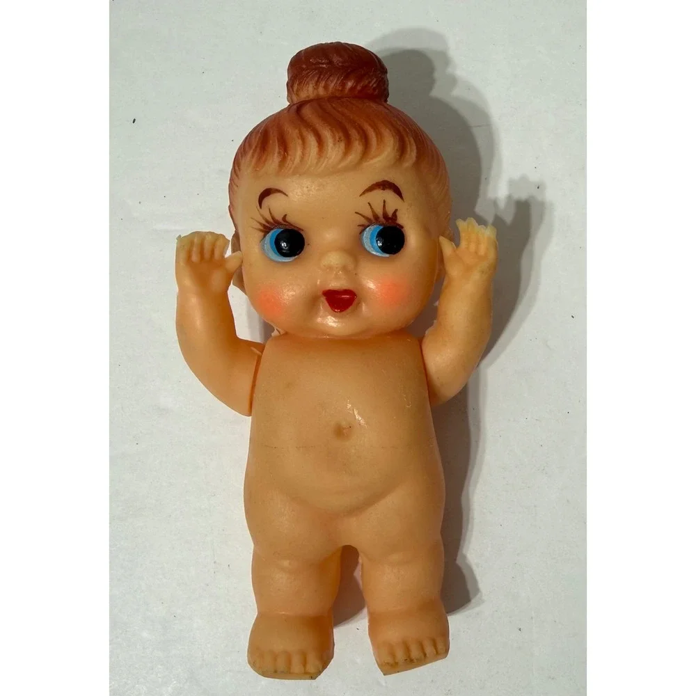 Vintage Japan Rubber Baby Doll Squeeze Toy Top Knot Bun Blue Eyes Kitsch 4.75in